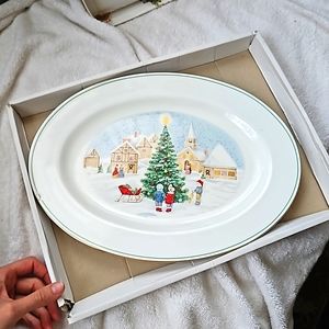 Large Mikasa painted porcelain Christmas serving platter w quaint vintage scene
